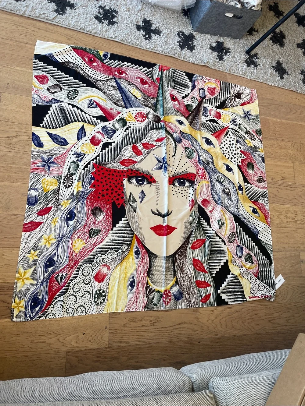 Bimba Y Lola NWT Woman Face Eye Feather Jewel Surreal Art Large Scarf